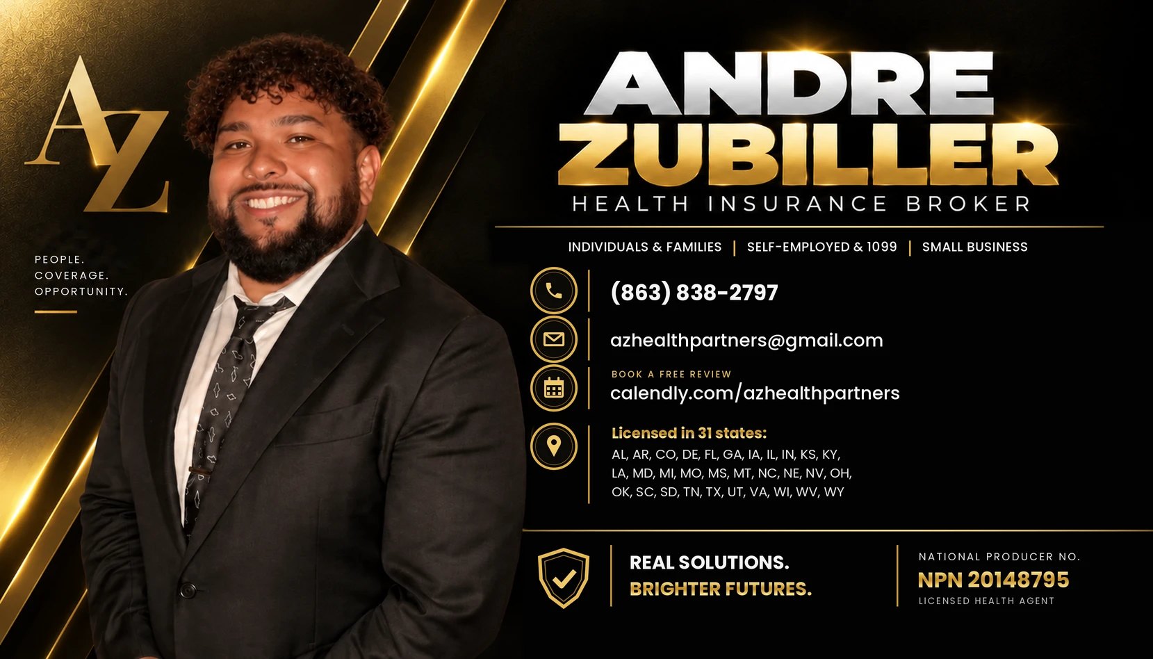 Andre Zubiller's business card: Health Insurance Broker, (863) 838-2797, NPN 20148795